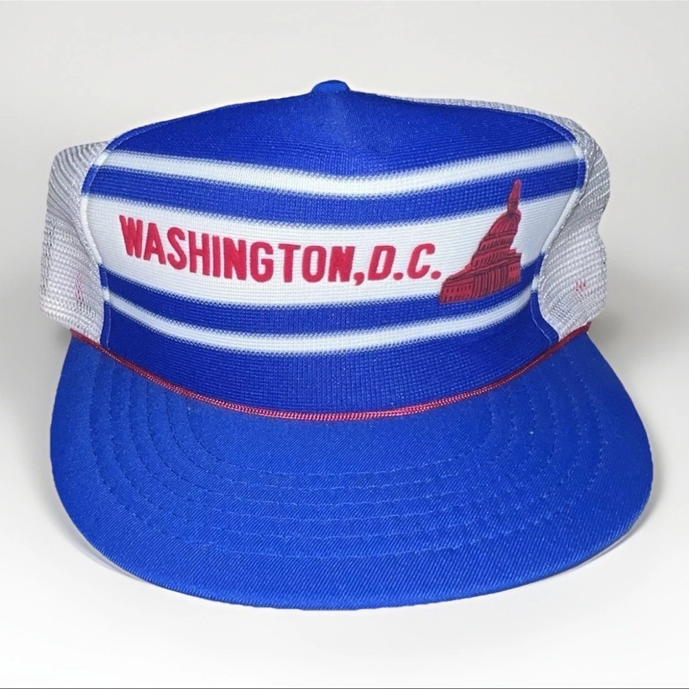 Vintage 80s Washington DC Hat Snapback Cap Blue Three Stripe Foam Mesh Trucker